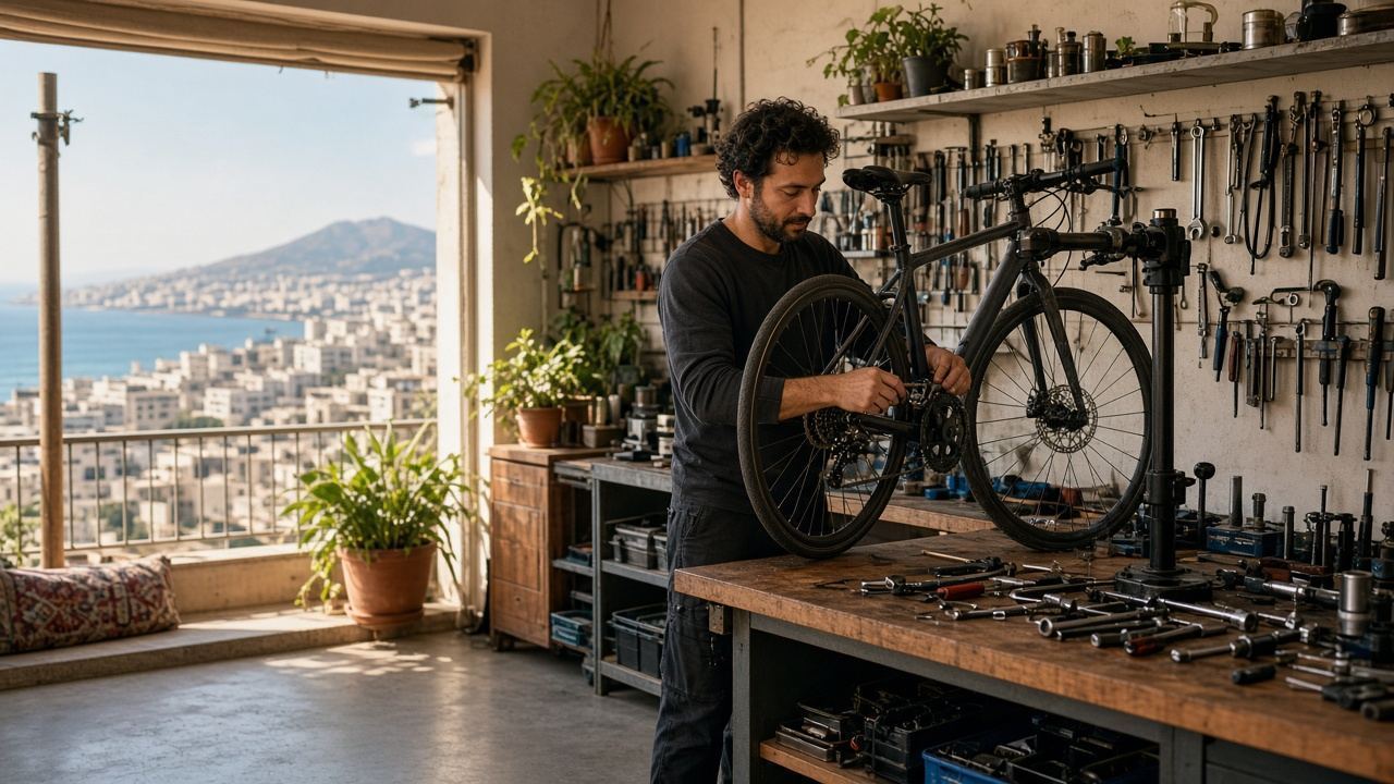 Bike repair shop at Nobleshore House